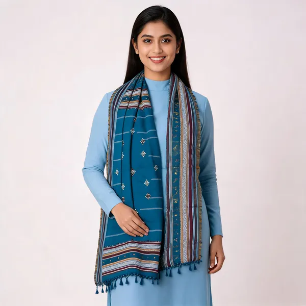 Blue_Woolen_Striped_Floral_Border_Dupatta_For_Women
