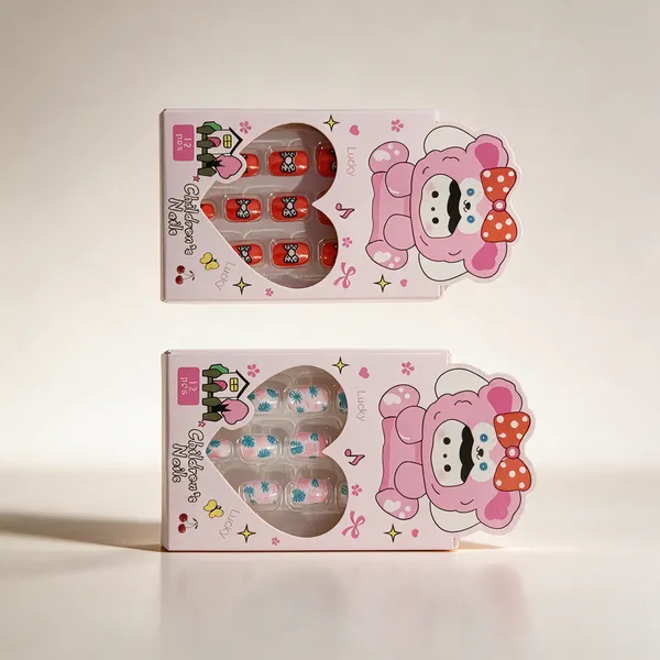 Pink_Clear_Plastic_Cartoon_Print_Artificial_Nails_For_Girls__-_Pack_Of_9