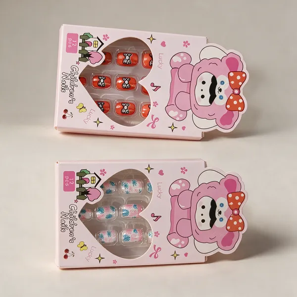 Pink_Clear_Plastic_Cartoon_Print_Artificial_Nails_For_Girls__-_Pack_Of_9