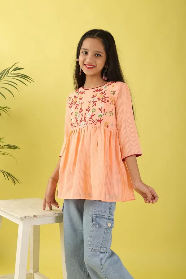 Orange_Floral_Embroidered_Poly_Cotton_Top_With_Bell_For_Girls