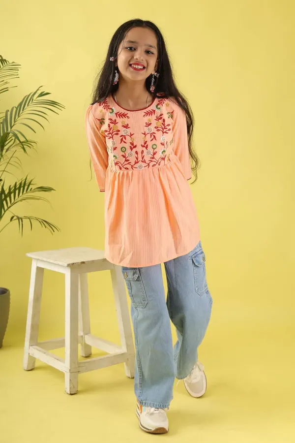 Orange_Floral_Embroidered_Poly_Cotton_Top_With_Bell_For_Girls