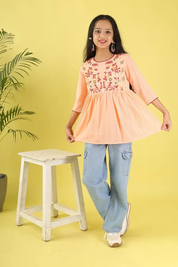 Orange_Floral_Embroidered_Poly_Cotton_Top_With_Bell_For_Girls