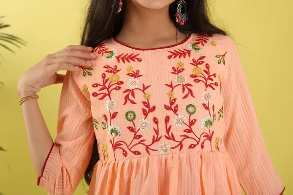 Orange_Floral_Embroidered_Poly_Cotton_Top_With_Bell_For_Girls