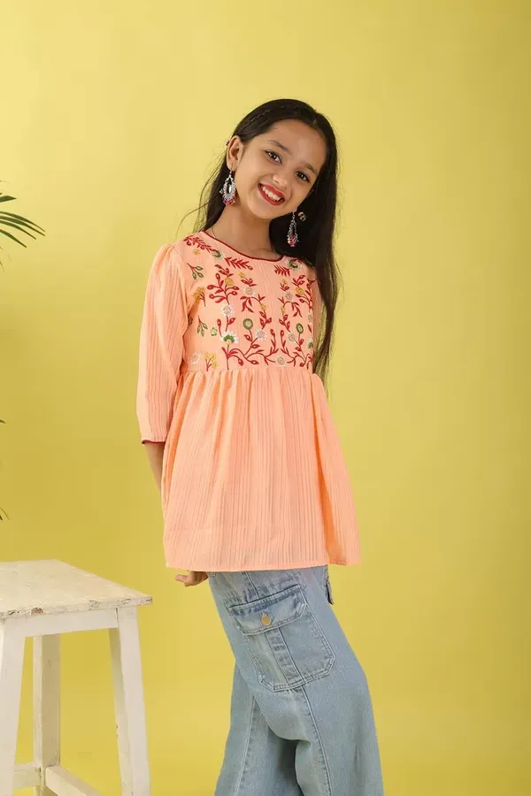 Orange_Floral_Embroidered_Poly_Cotton_Top_With_Bell_For_Girls