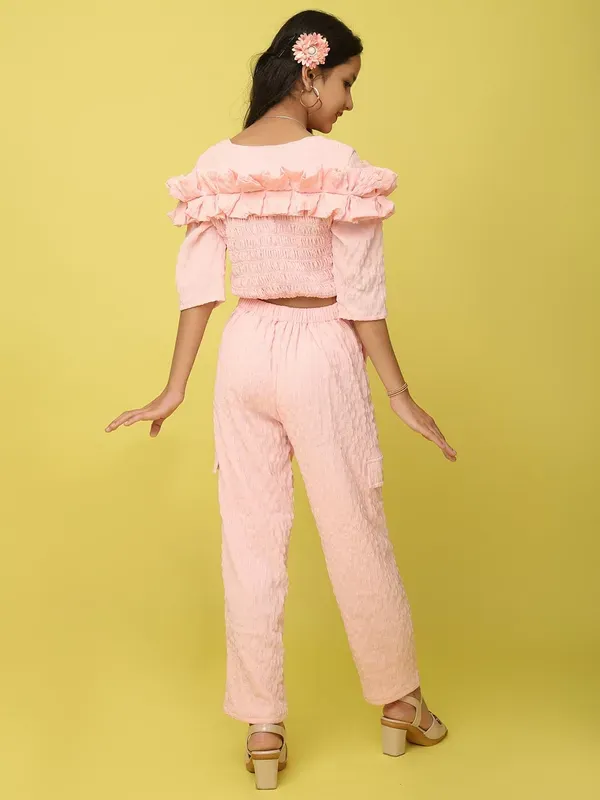 Pink_Viscose_Modal_Co-Ord_Ruffled_Smocked_Top_And_Straight_Pants_Set_For_Girls