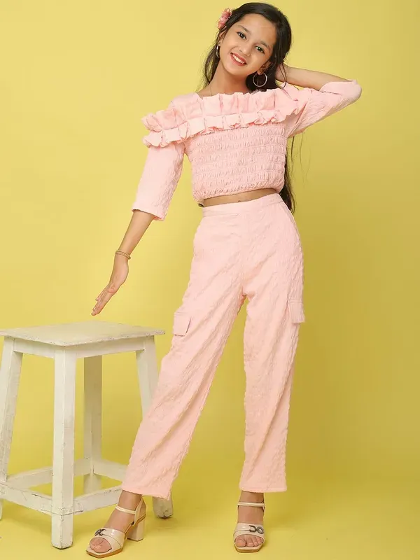 Pink_Viscose_Modal_Co-Ord_Ruffled_Smocked_Top_And_Straight_Pants_Set_For_Girls
