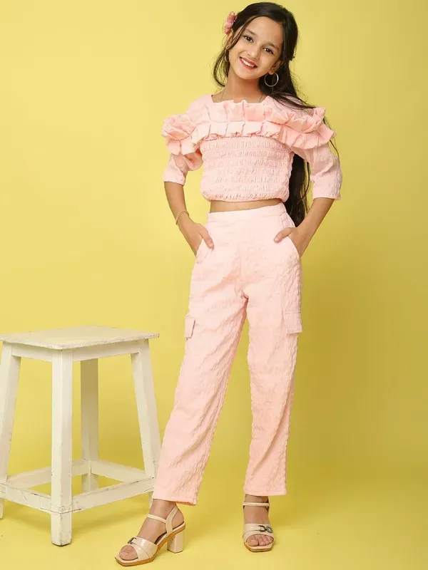 Pink_Viscose_Modal_Co-Ord_Ruffled_Smocked_Top_And_Straight_Pants_Set_For_Girls