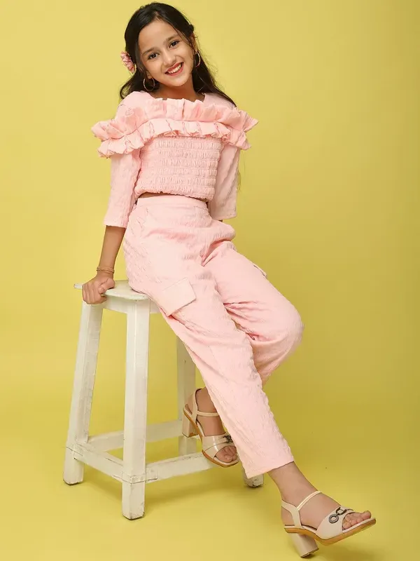 Pink_Viscose_Modal_Co-Ord_Ruffled_Smocked_Top_And_Straight_Pants_Set_For_Girls