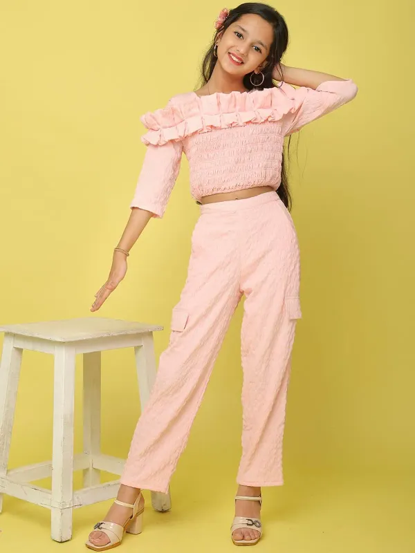 Pink_Viscose_Modal_Co-Ord_Ruffled_Smocked_Top_And_Straight_Pants_Set_For_Girls