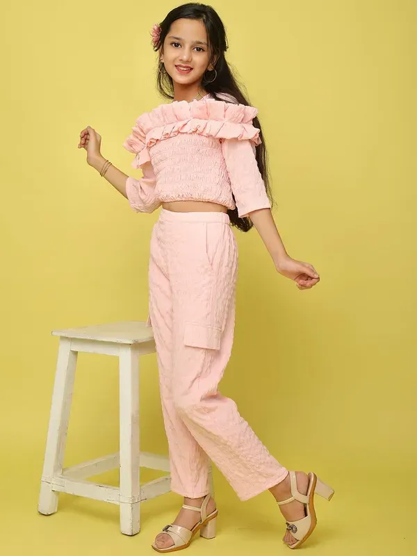 Pink_Viscose_Modal_Co-Ord_Ruffled_Smocked_Top_And_Straight_Pants_Set_For_Girls