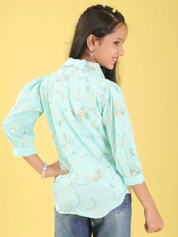 Sky_Blue_Cotton_Blend_Floral_Embroidered_Top_With_Half_Sleeves_T-Shirt_For_Girls