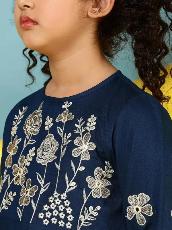 Dark_Blue_Embroidered_Regular_Fit_Round_Neck_Casual_Top_For_Girls