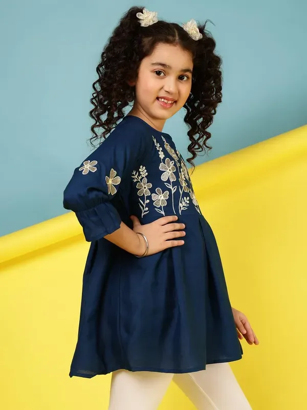 Dark_Blue_Embroidered_Regular_Fit_Round_Neck_Casual_Top_For_Girls