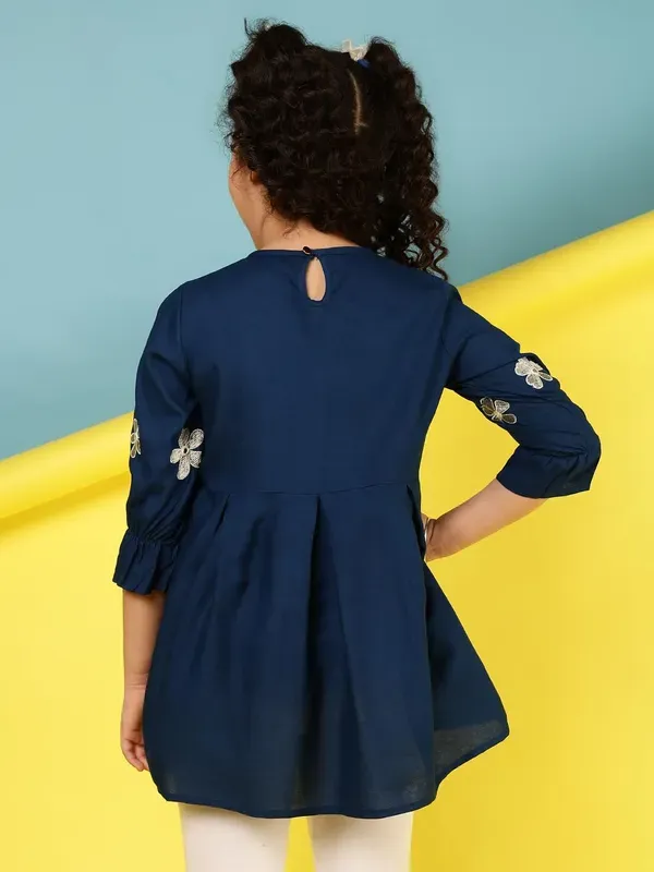 Dark_Blue_Embroidered_Regular_Fit_Round_Neck_Casual_Top_For_Girls
