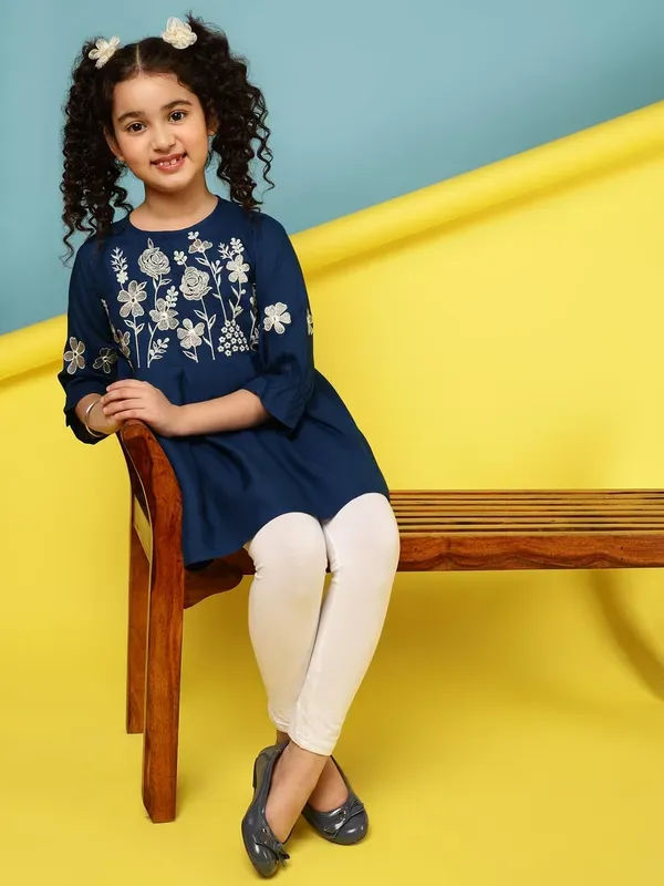 Dark_Blue_Embroidered_Regular_Fit_Round_Neck_Casual_Top_For_Girls