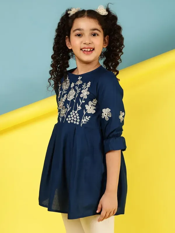 Dark_Blue_Embroidered_Regular_Fit_Round_Neck_Casual_Top_For_Girls