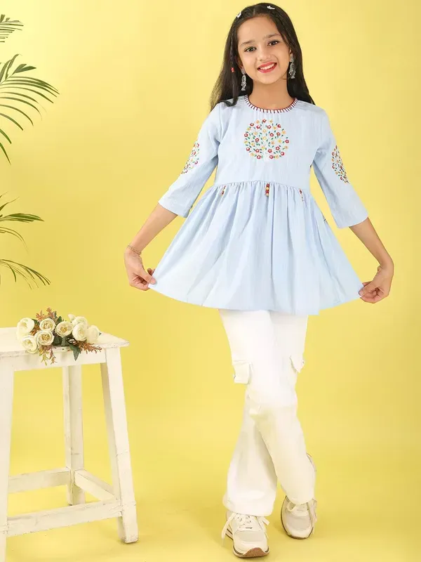 Sky_Blue_Floral_Embroidered_Polyester_Top_With_For_Girls