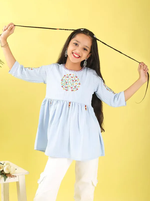Sky_Blue_Floral_Embroidered_Polyester_Top_With_For_Girls