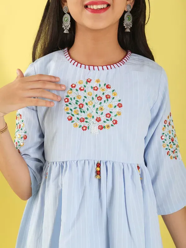 Sky_Blue_Floral_Embroidered_Polyester_Top_With_For_Girls
