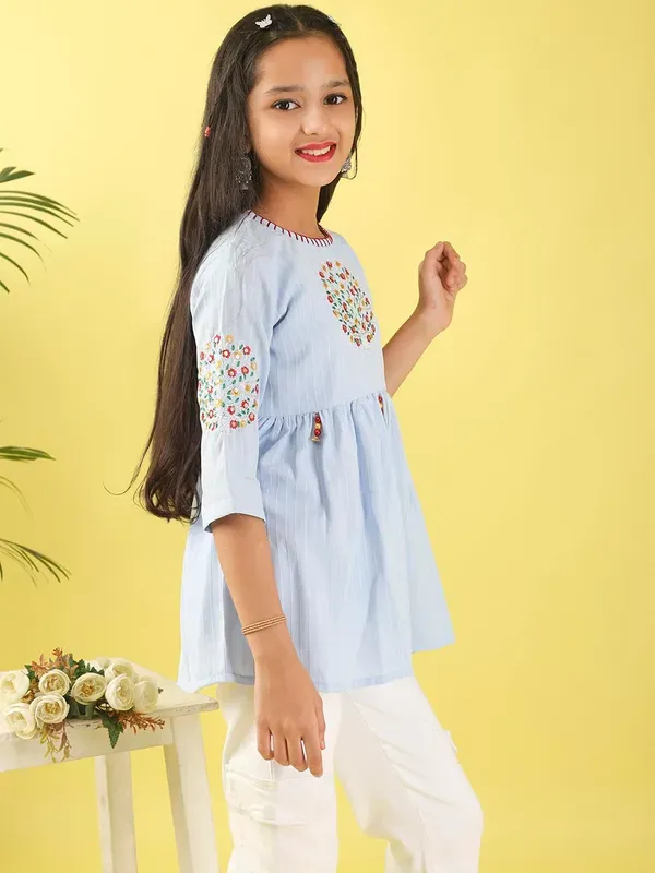 Sky_Blue_Floral_Embroidered_Polyester_Top_With_For_Girls