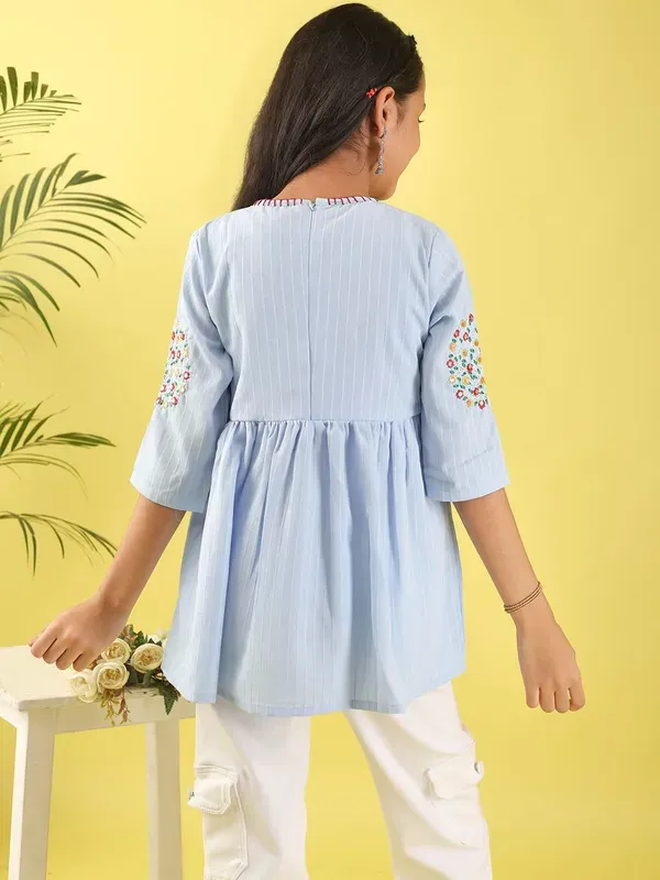 Sky_Blue_Floral_Embroidered_Polyester_Top_With_For_Girls