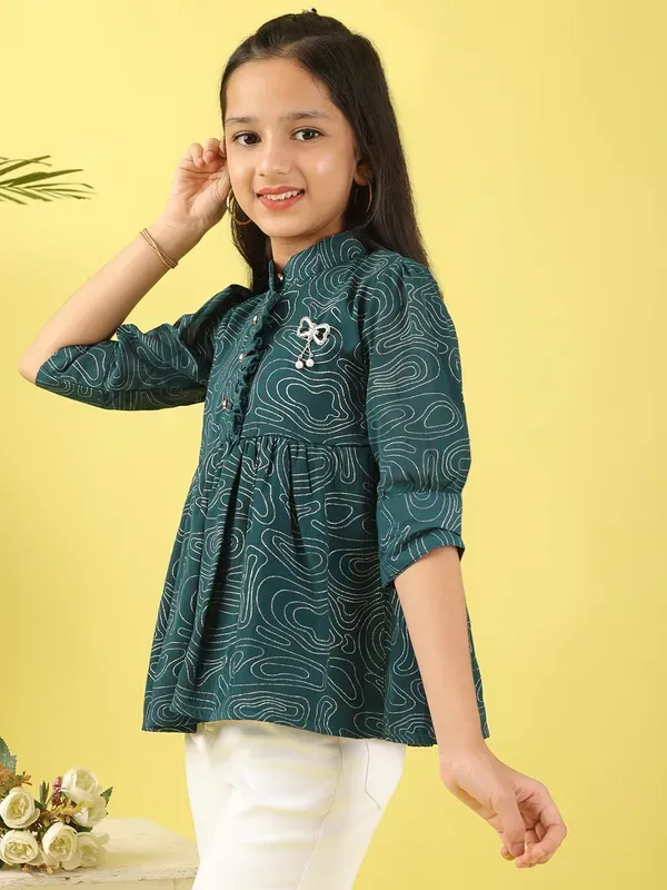 Dark_Blue_Stylish_Foil_Print_Georgette_Top_With_Applique_Design_Top_For_Girls