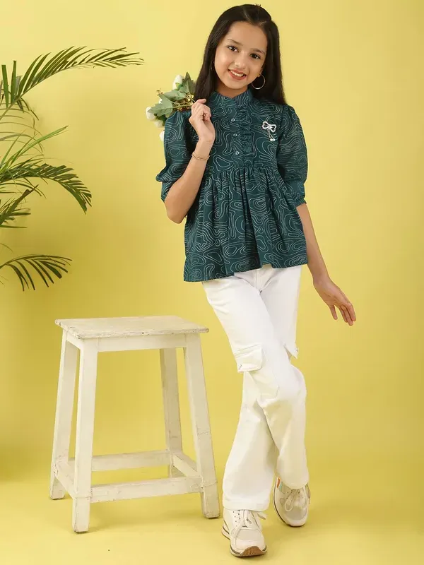 Dark_Blue_Stylish_Foil_Print_Georgette_Top_With_Applique_Design_Top_For_Girls