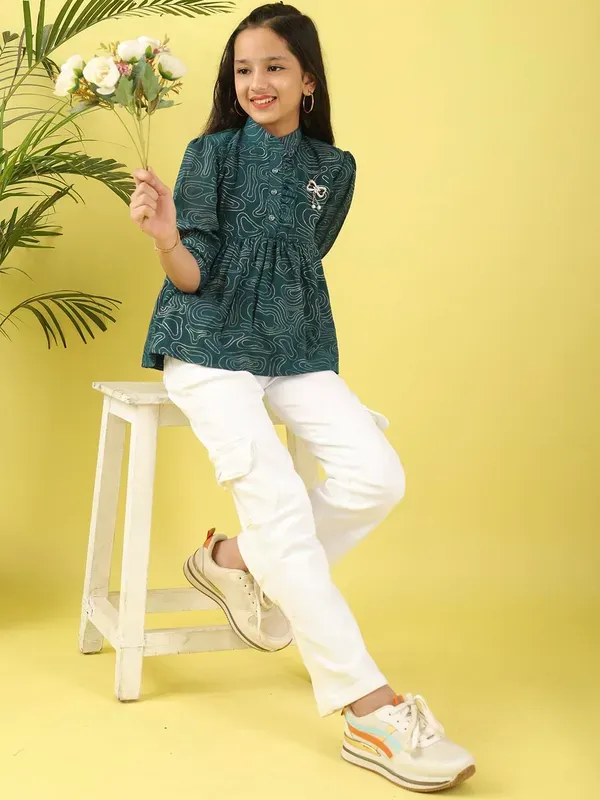 Dark_Blue_Stylish_Foil_Print_Georgette_Top_With_Applique_Design_Top_For_Girls