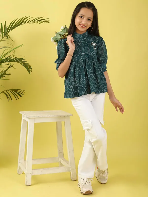 Dark_Blue_Stylish_Foil_Print_Georgette_Top_With_Applique_Design_Top_For_Girls