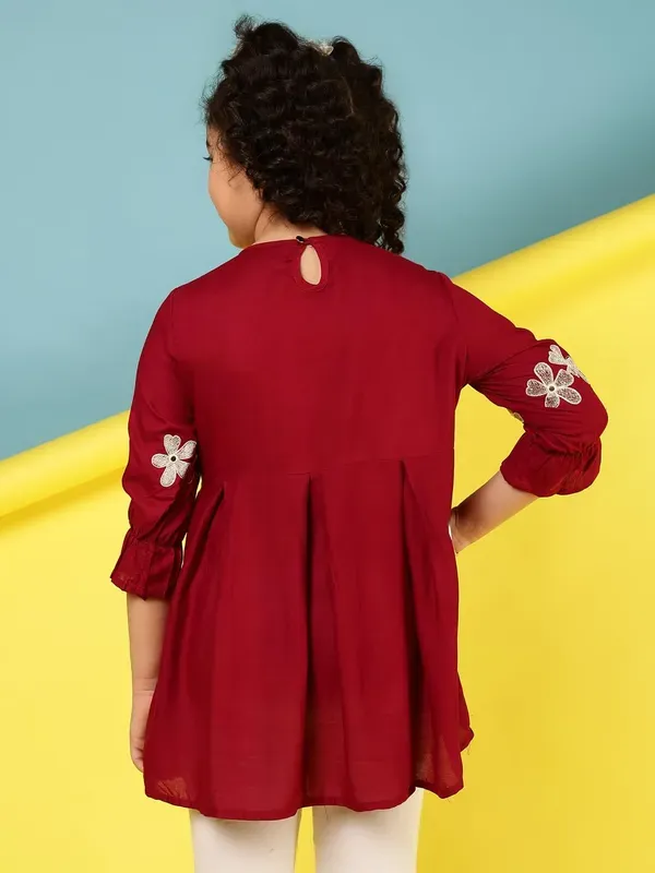 Maroon_Embroidered_Regular_Fit_Round_Neck_Casual_Top_For_Girls