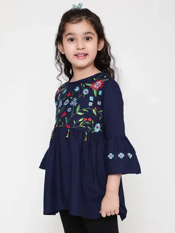 Blue_Rayon_Floral_Embroidery_Round_Neck_Casual_Top_For_Girls