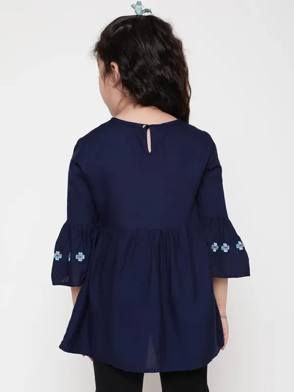 Blue_Rayon_Floral_Embroidery_Round_Neck_Casual_Top_For_Girls