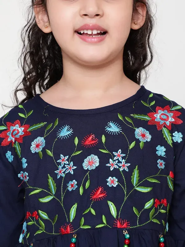Blue_Rayon_Floral_Embroidery_Round_Neck_Casual_Top_For_Girls