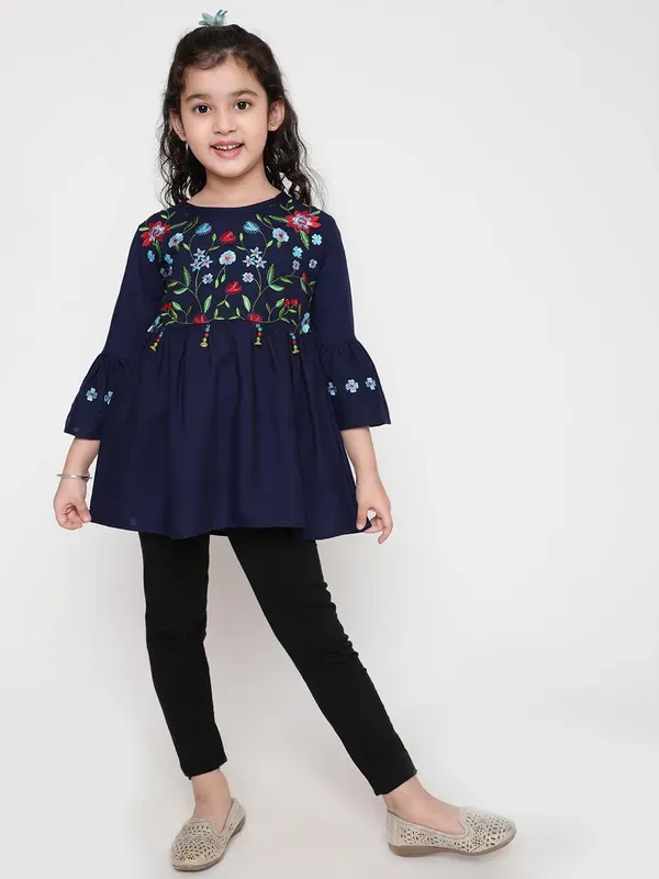 Blue_Rayon_Floral_Embroidery_Round_Neck_Casual_Top_For_Girls