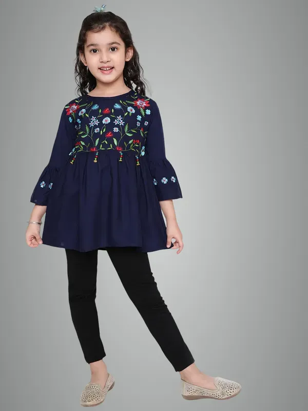 Blue_Rayon_Floral_Embroidery_Round_Neck_Casual_Top_For_Girls