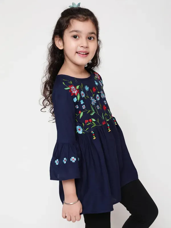 Blue_Rayon_Floral_Embroidery_Round_Neck_Casual_Top_For_Girls
