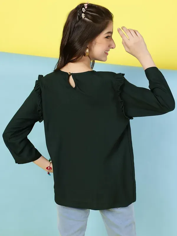 Green_Rayon_Floral_Embroidery_Round_Neck_Casual_Top_For_Girls