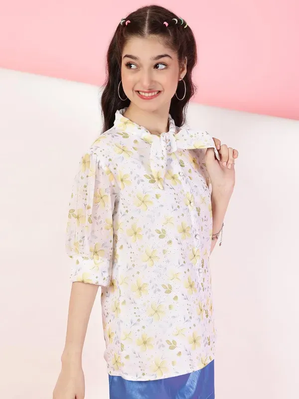 Multicolor_Floral_Printed_Puff_Sleeves_Shirt_With_Bow_Tie_Neck_For_Girls