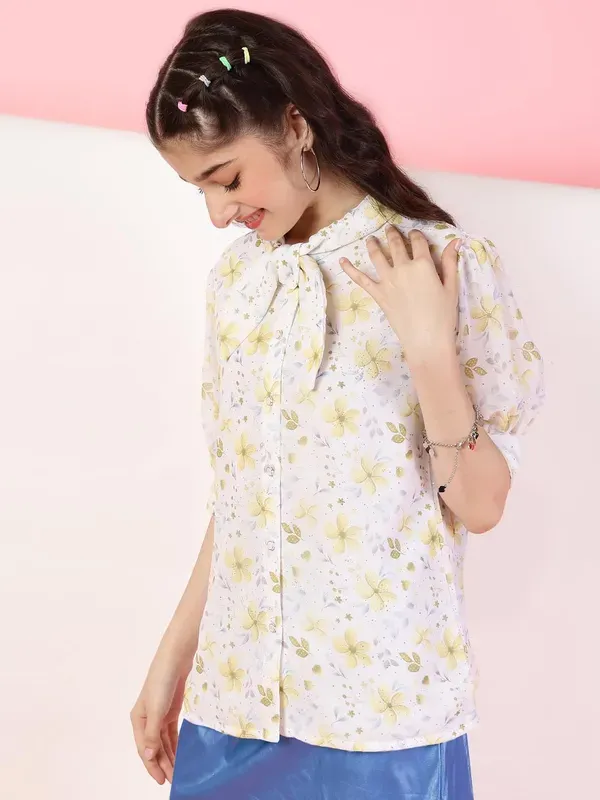 Multicolor_Floral_Printed_Puff_Sleeves_Shirt_With_Bow_Tie_Neck_For_Girls
