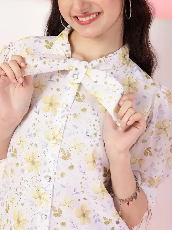 Multicolor_Floral_Printed_Puff_Sleeves_Shirt_With_Bow_Tie_Neck_For_Girls
