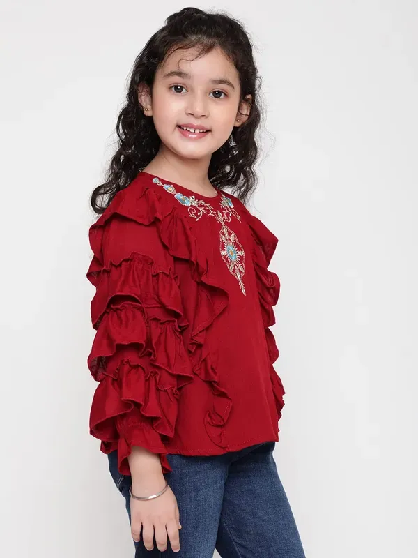 Maroon_Party_Embellished_Embroidered_Festive_Casual_Top_For_Girls