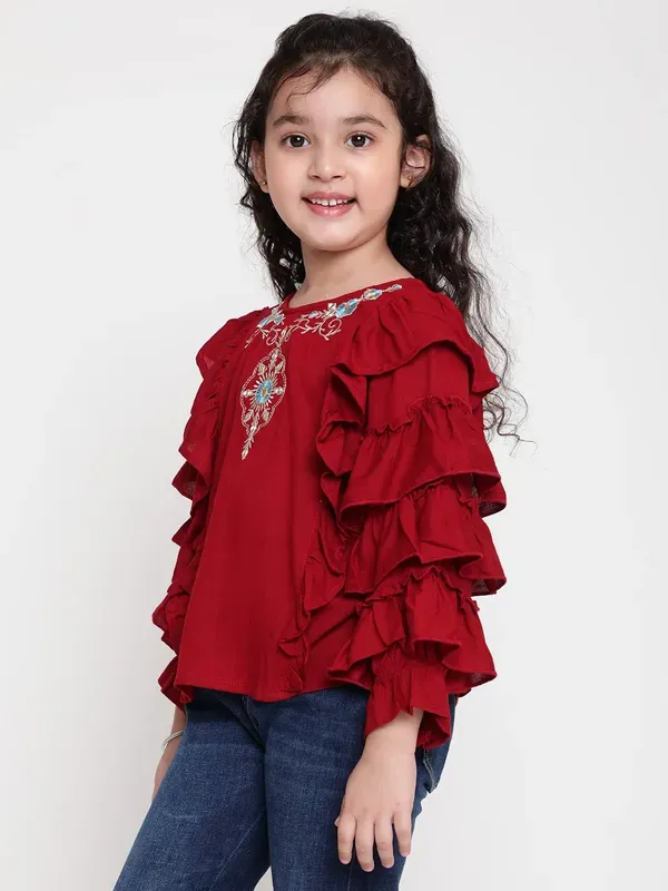 Maroon_Party_Embellished_Embroidered_Festive_Casual_Top_For_Girls