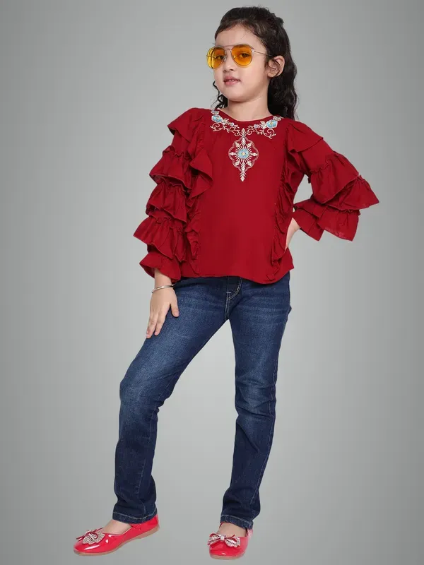 Maroon_Party_Embellished_Embroidered_Festive_Casual_Top_For_Girls