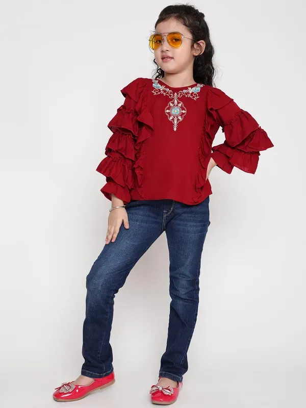 Maroon_Party_Embellished_Embroidered_Festive_Casual_Top_For_Girls