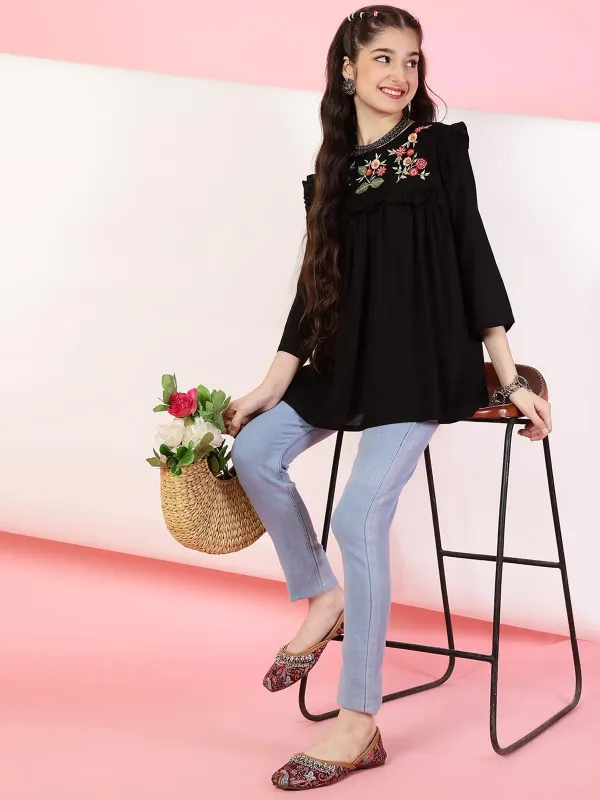Black_Rayon_Floral_Embroidery_Round_Neck_Casual_Top_For_Girls