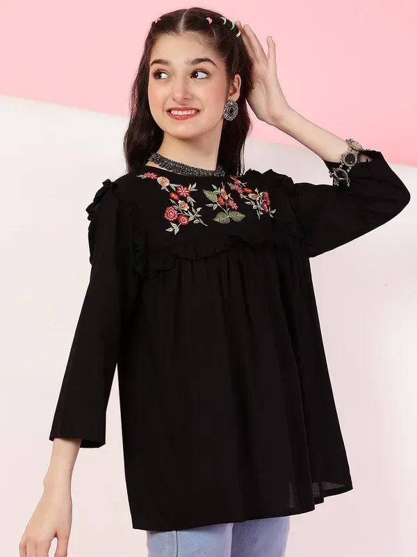 Black_Rayon_Floral_Embroidery_Round_Neck_Casual_Top_For_Girls