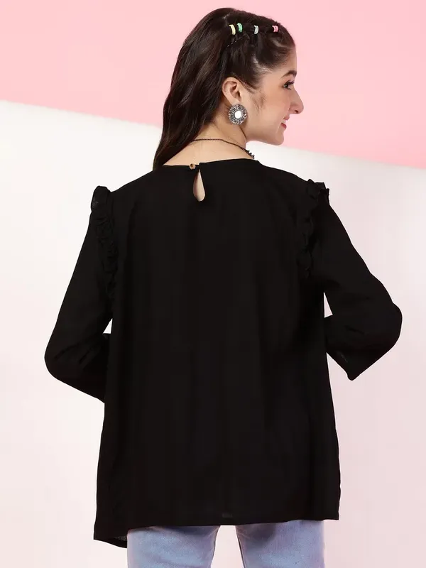 Black_Rayon_Floral_Embroidery_Round_Neck_Casual_Top_For_Girls