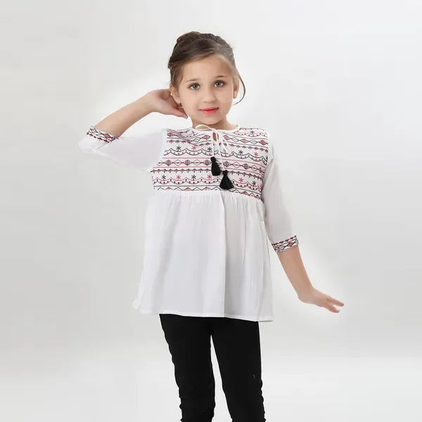 White_Rayon_Embroidered_Regular_Fit_Tie_Up_Neck_Casual_Top_For_Girls