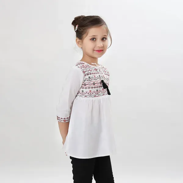 White_Rayon_Embroidered_Regular_Fit_Tie_Up_Neck_Casual_Top_For_Girls