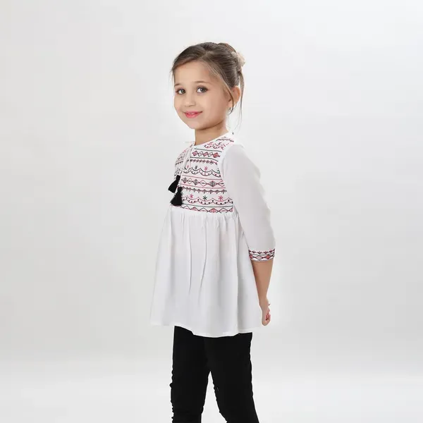 White_Rayon_Embroidered_Regular_Fit_Tie_Up_Neck_Casual_Top_For_Girls